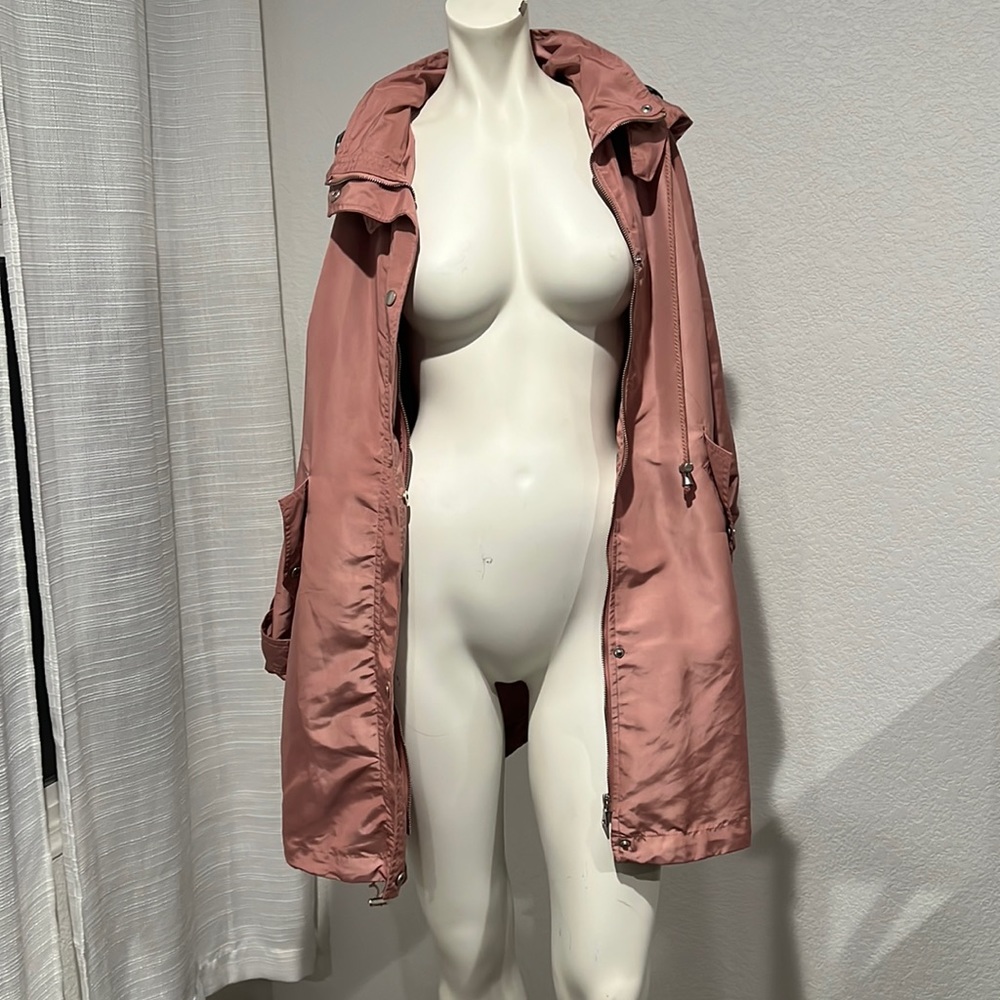 pink blush long raincoat, detachable hood. never worn. size XL